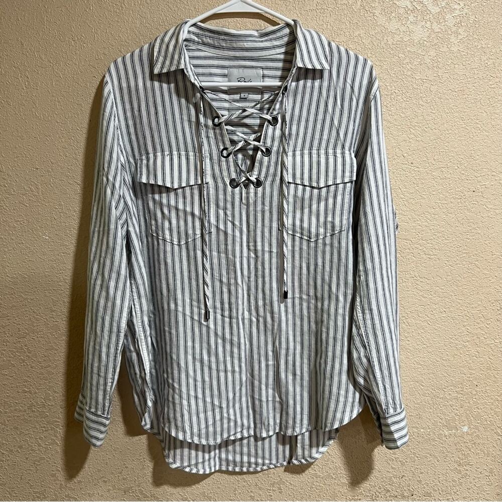 RAILS Matea Canela Stripe Linen Blend Lace Up Popover Collard Blouse SMALL